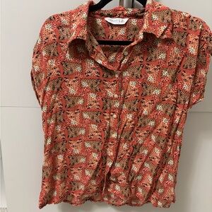 Cheetah leopard modcloth button down collared Orange Patterned Women's Top